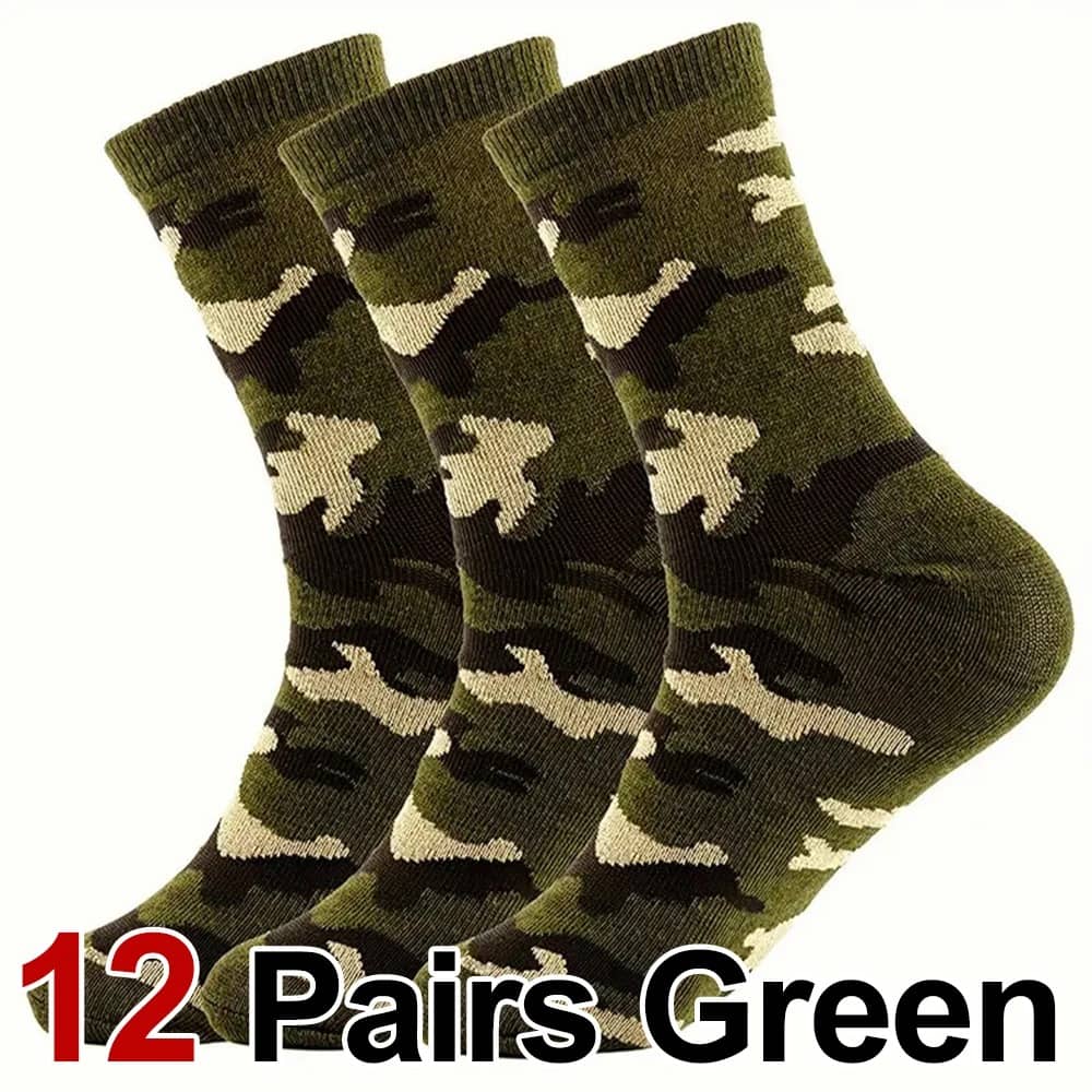 12 Pairs Green Camo Outdoor Socks for Comfort and Durability