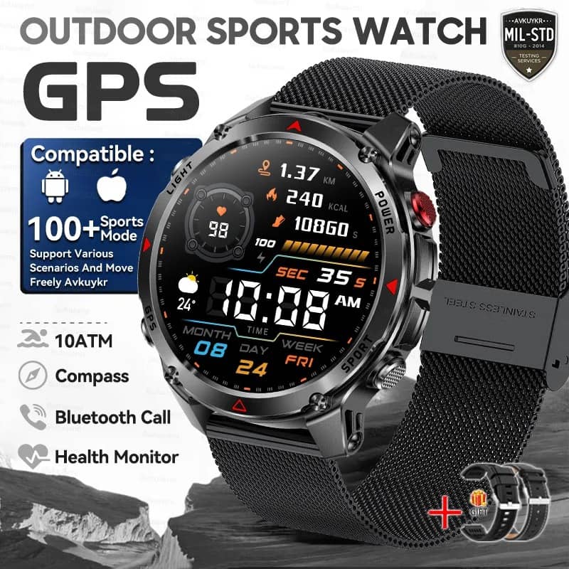 Outdoor Smart GPS Watch with Bluetooth Call and Health Monitor
