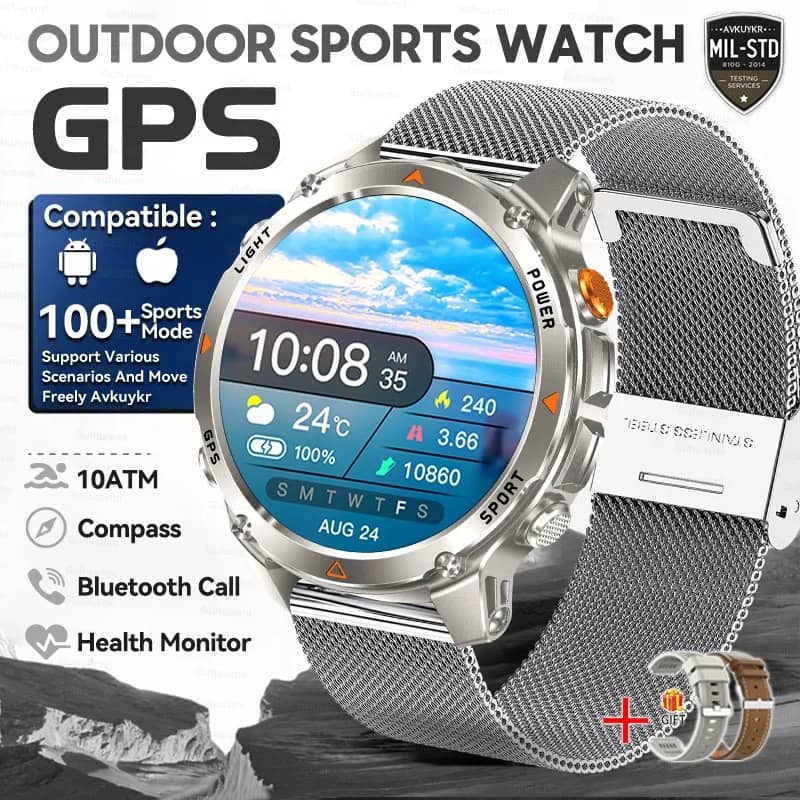 Outdoor Smart GPS Watch with Stainless Steel Band and Health Monitor Feature