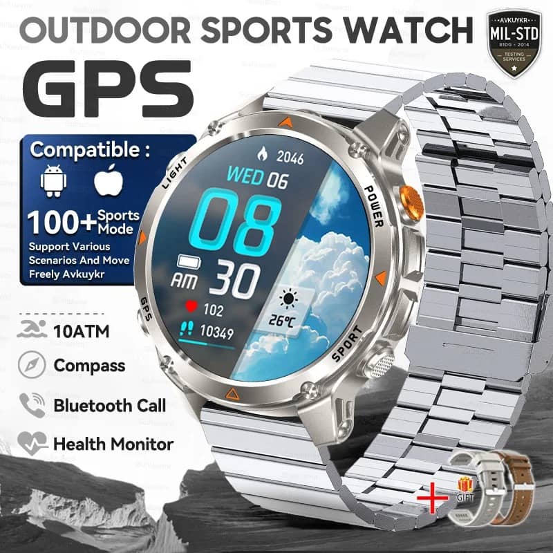 Outdoor smart GPS watch with stainless steel strap for outdoor activities
