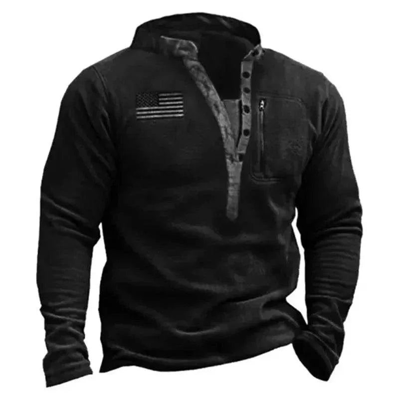 Military-Outdoors Black Outdoor Sweater with Flag Patch for Versatile Use