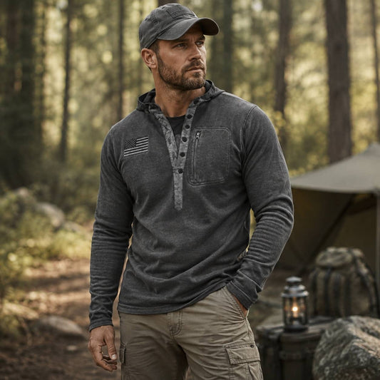 Military gray outdoor sweater with pocket for rugged outdoor activities