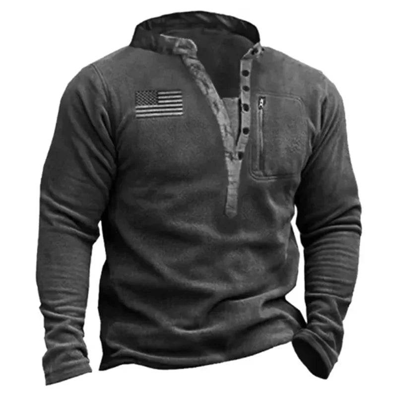 Men's Black Outdoor Sweater with Flag Patch and Warm Fabric