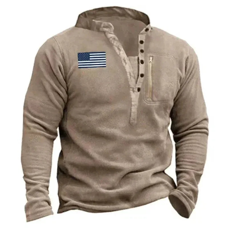 Tan outdoor sweater with flag patch and zip pocket for versatility