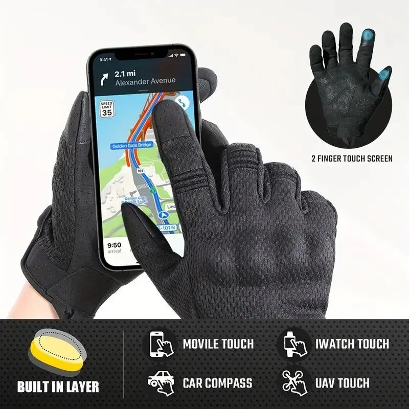 Black outdoor tactical-style gloves with touchscreen capability for smartphones