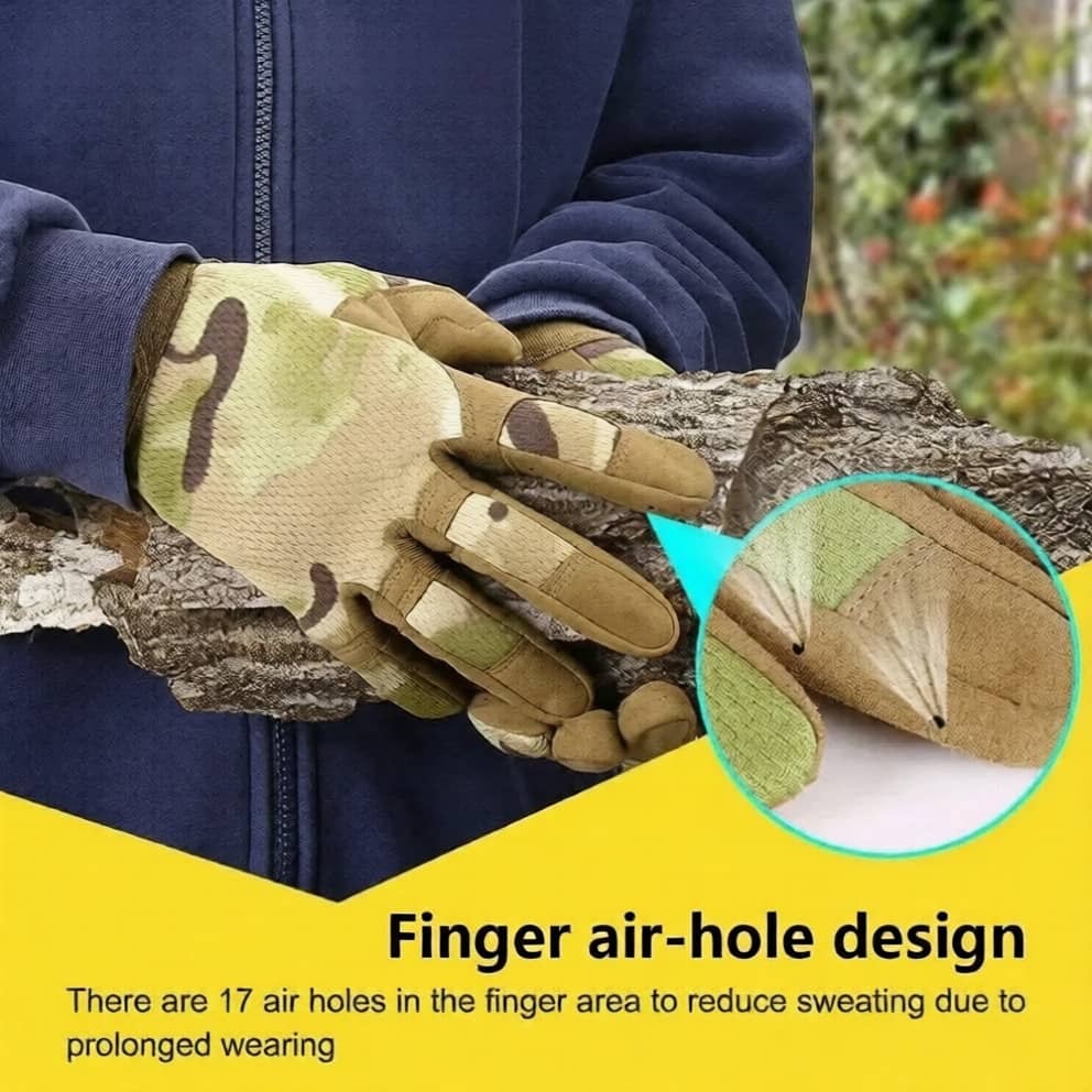 Military camouflage outdoor tactical-style gloves with finger air-hole design for breathability
