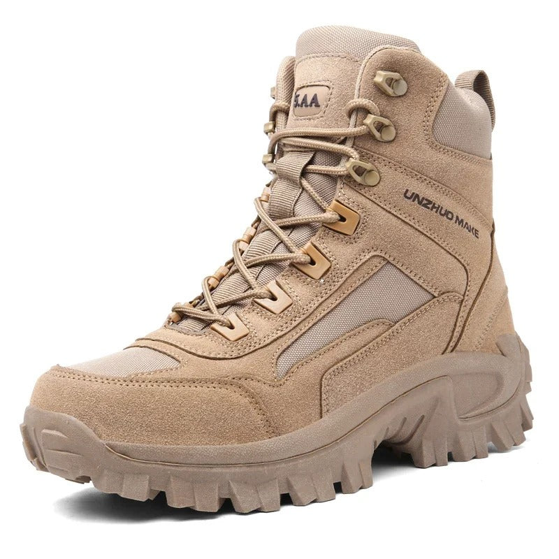 Tan thermal outdoor boots designed for rugged terrain and extreme weather conditions