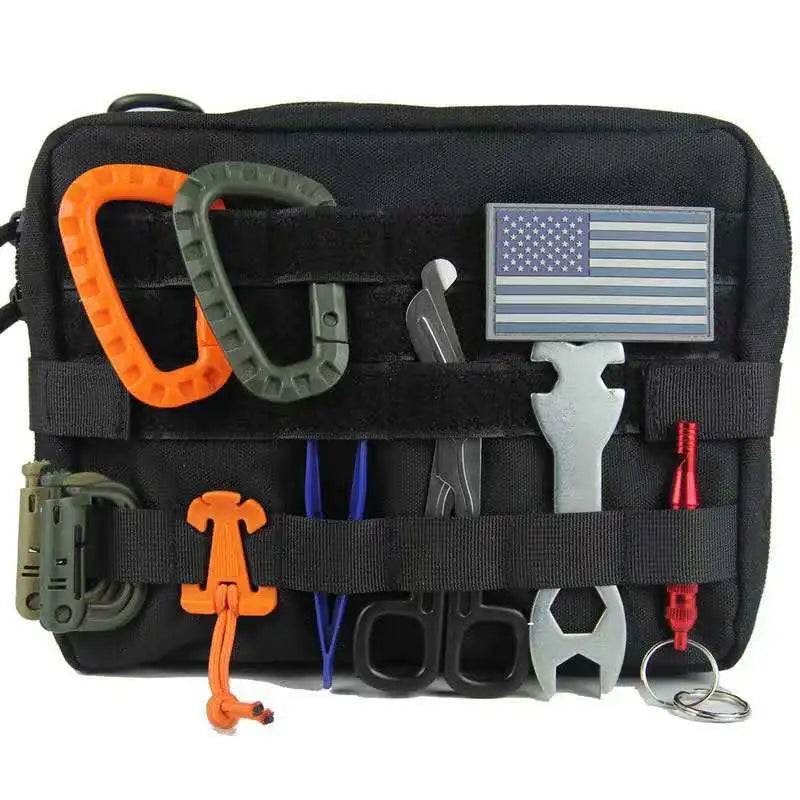 Black outdoor tool pouch with multi-use tools and outer straps