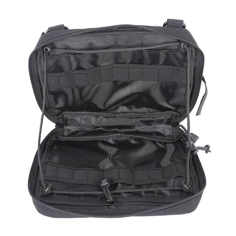 Black outdoor tool pouch with spacious interior and organizational pockets