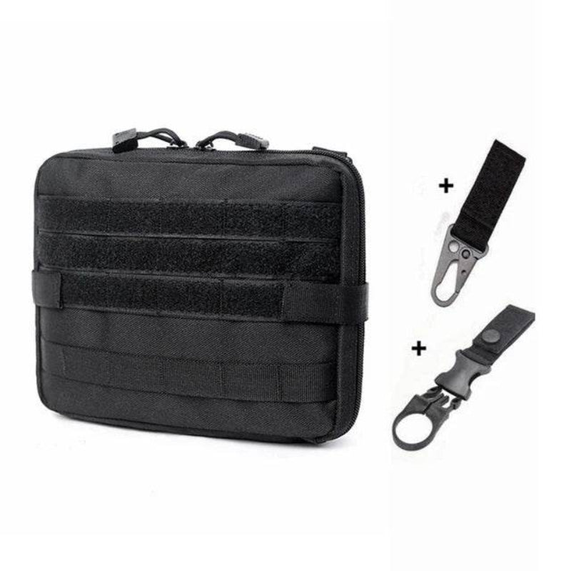 Black outdoor tool pouch with adjustable straps and detachable clips