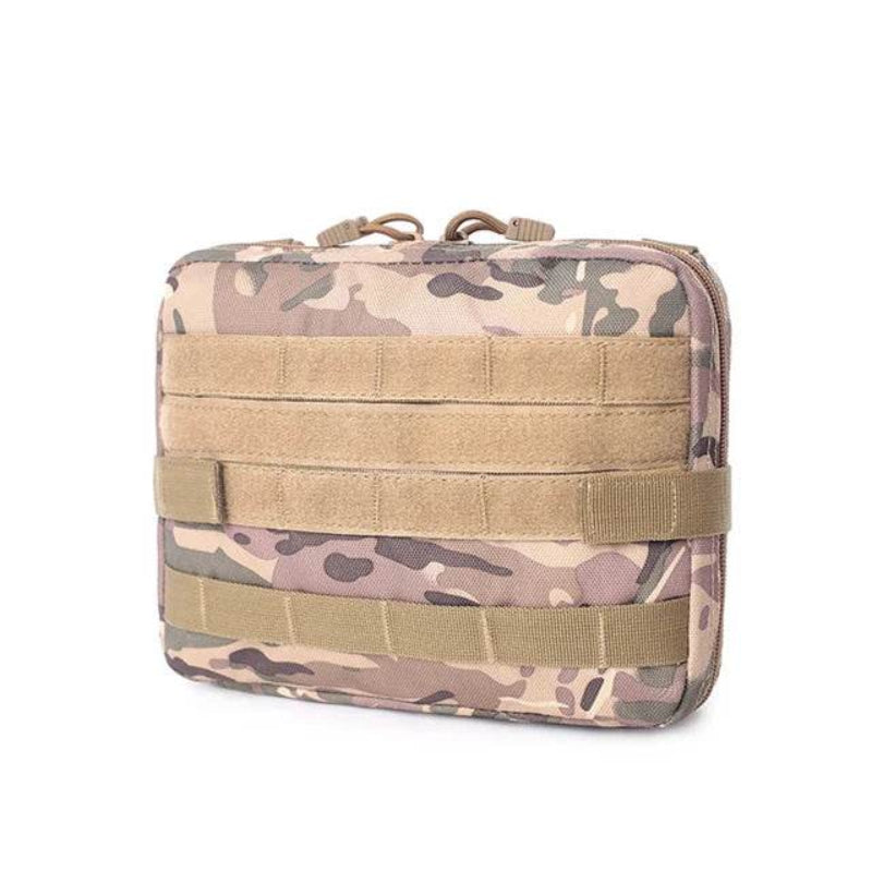 Camo outdoor tool pouch with modular webbing for versatile storage