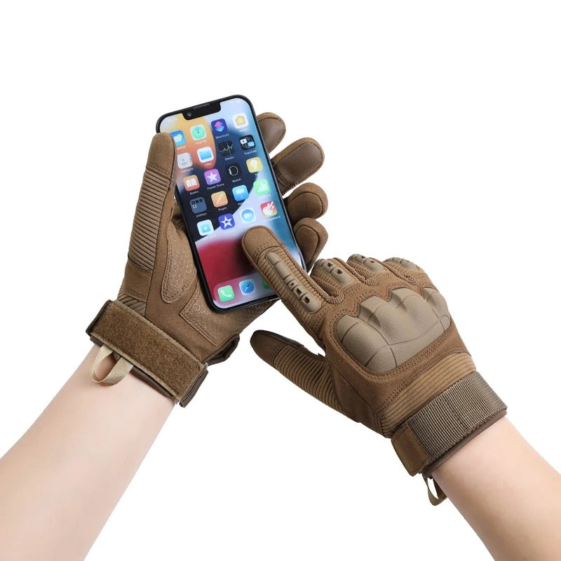 Tan outdoor touchscreen gloves for smartphone use in rugged conditions