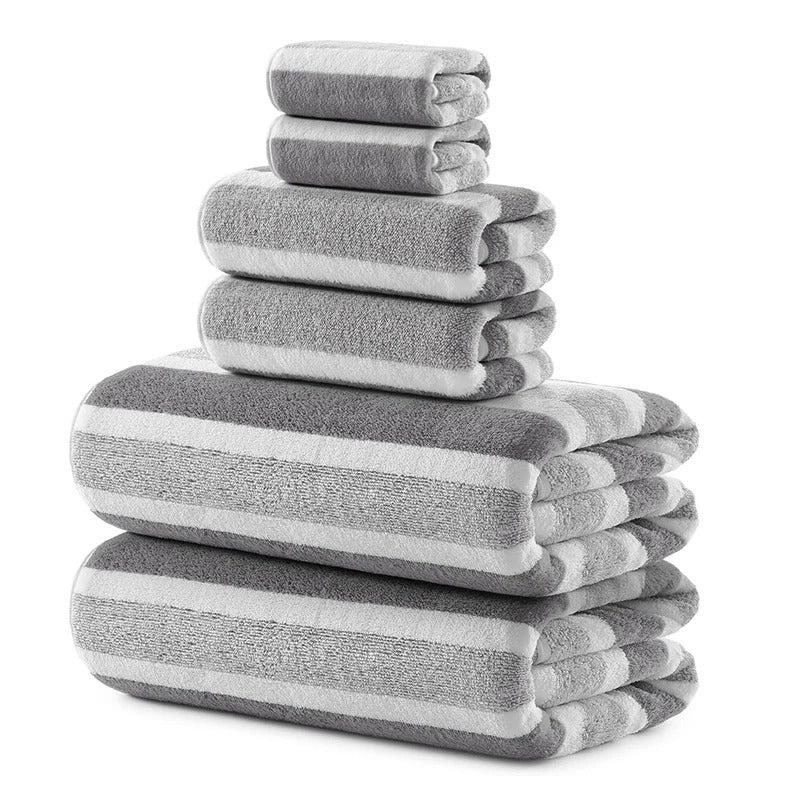 Gray striped outdoor towel set for camping and beach trips