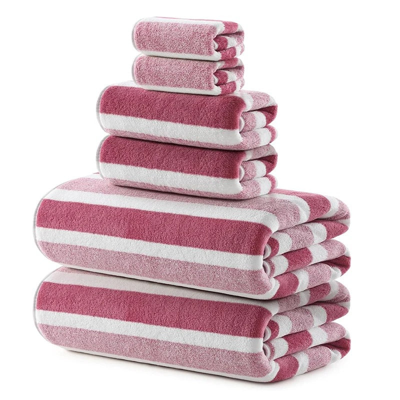 Pink and white striped outdoor towel set for camping and beach trips
