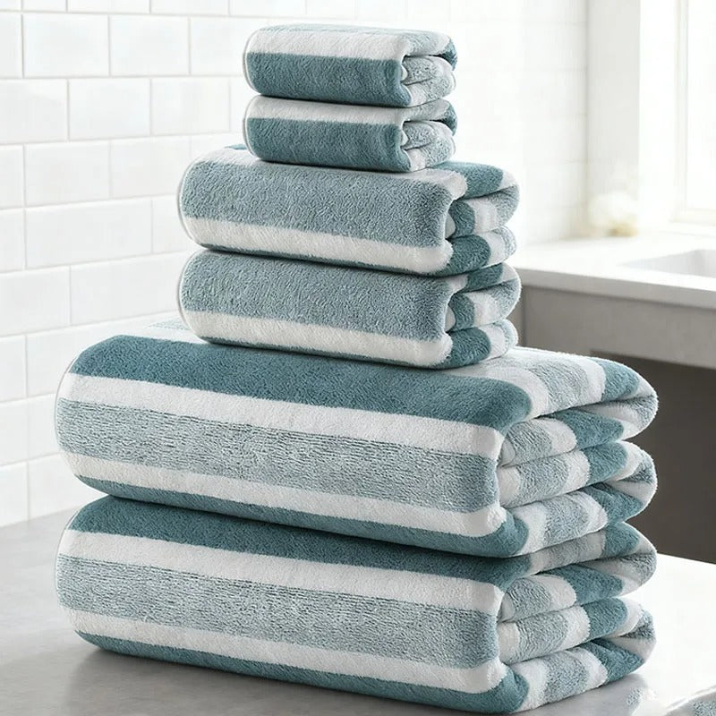 Outdoor towel set in teal and white, perfect for beach or camping use