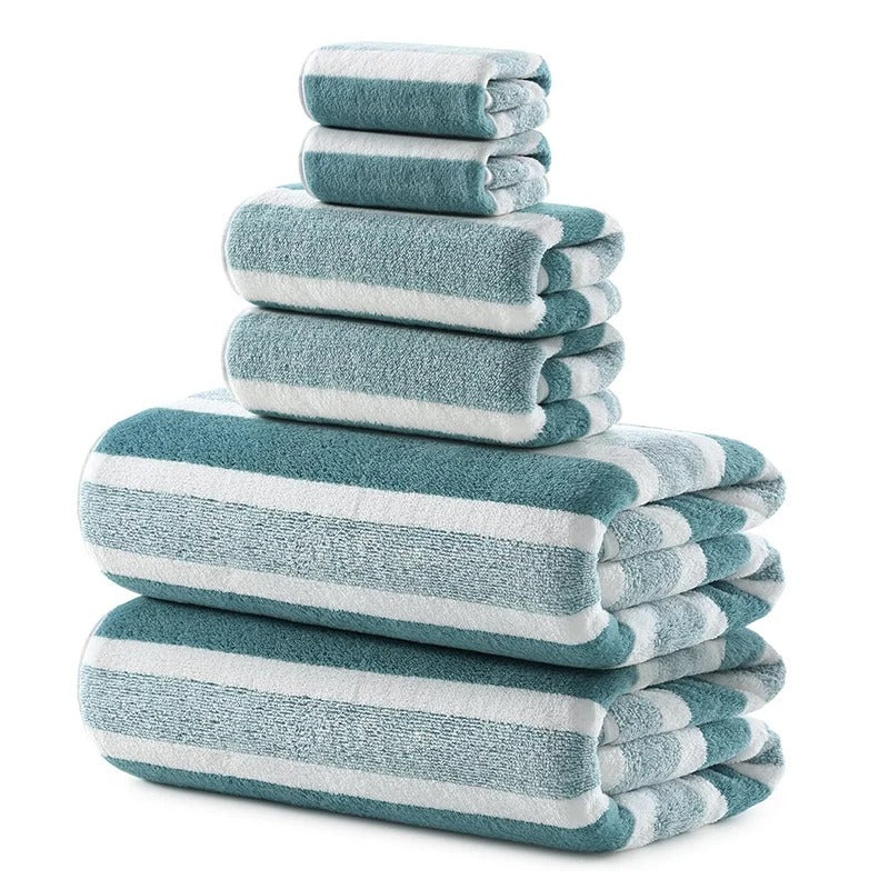 Outdoor towel set in teal and white stripes for beach and camping use