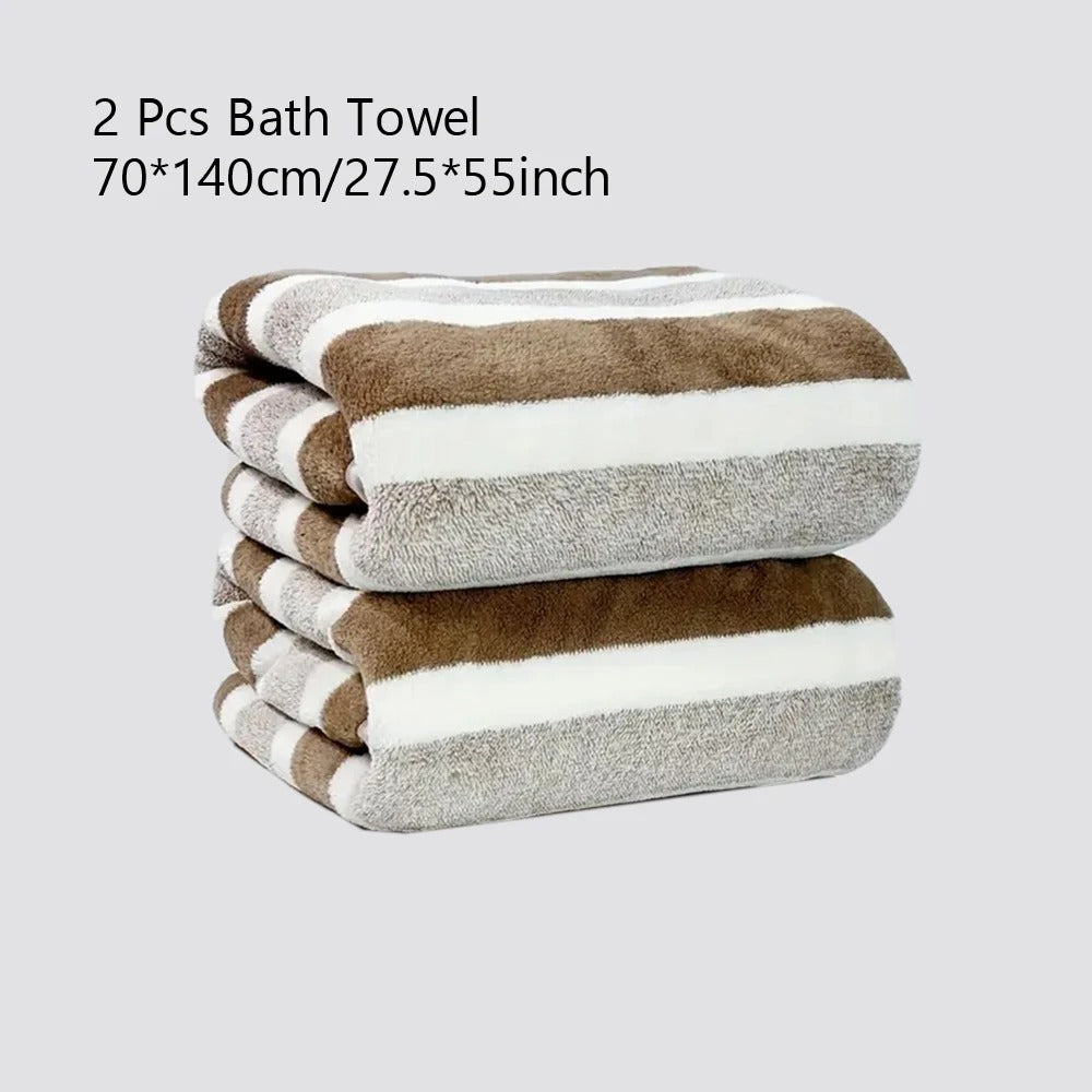 Brown and white striped outdoor towel set for beach and camping use