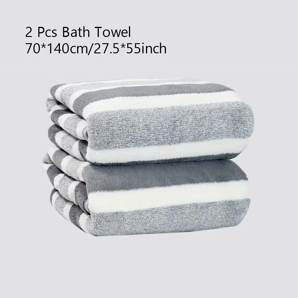 Outdoor towel set in gray striped design, perfect for camping or beach use