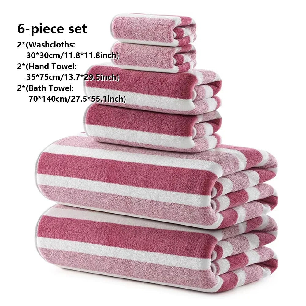6-piece outdoor towel set in pink and white stripes, perfect for camping and beach use