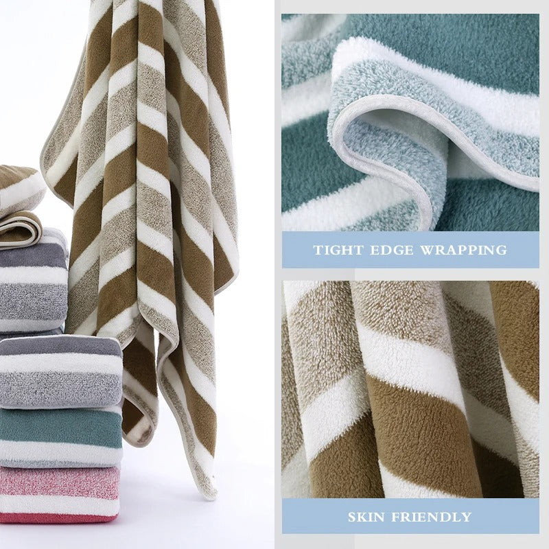 Striped outdoor towel set in soft colors, ideal for beach and camping use