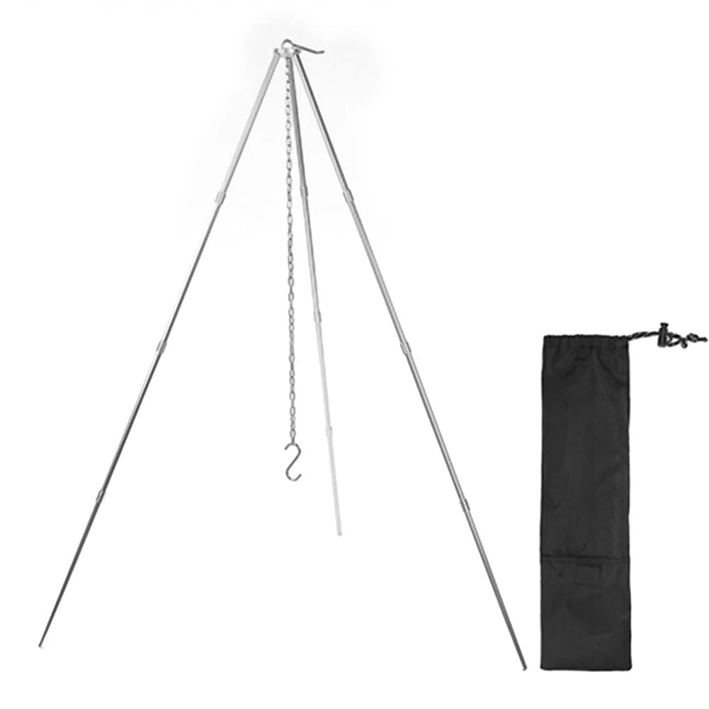 Outdoor tripod cookware stand in silver for camping meal preparation
