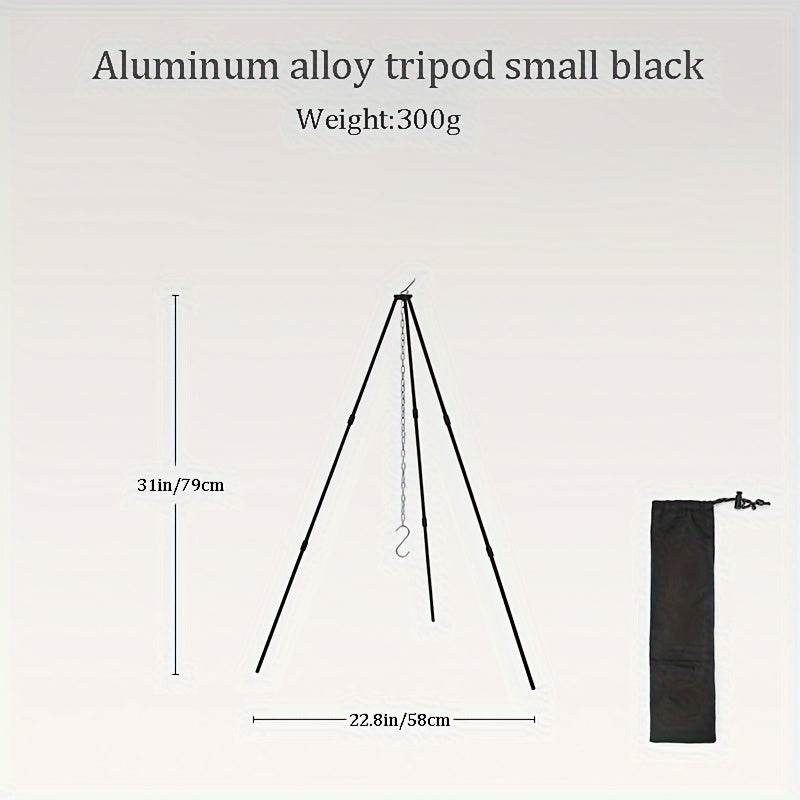Aluminum alloy outdoor tripod cookware stand in black with a weight of 300g, perfect for camping