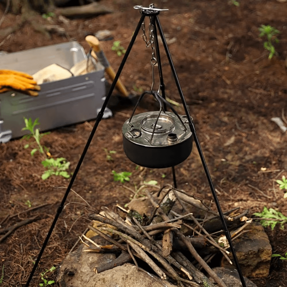 Outdoor tripod cookware stand for camping with black finish