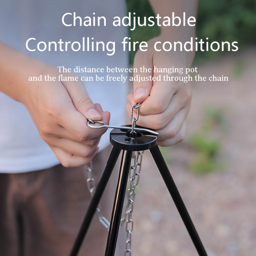 Adjustable outdoor tripod cookware stand for controlling fire conditions while camping