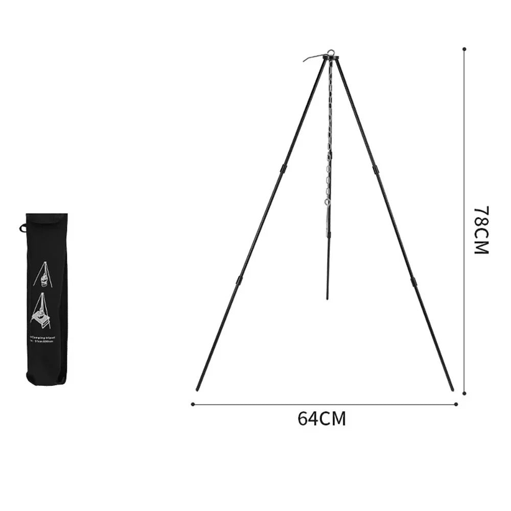 Black outdoor tripod cookware stand for camping and grilling