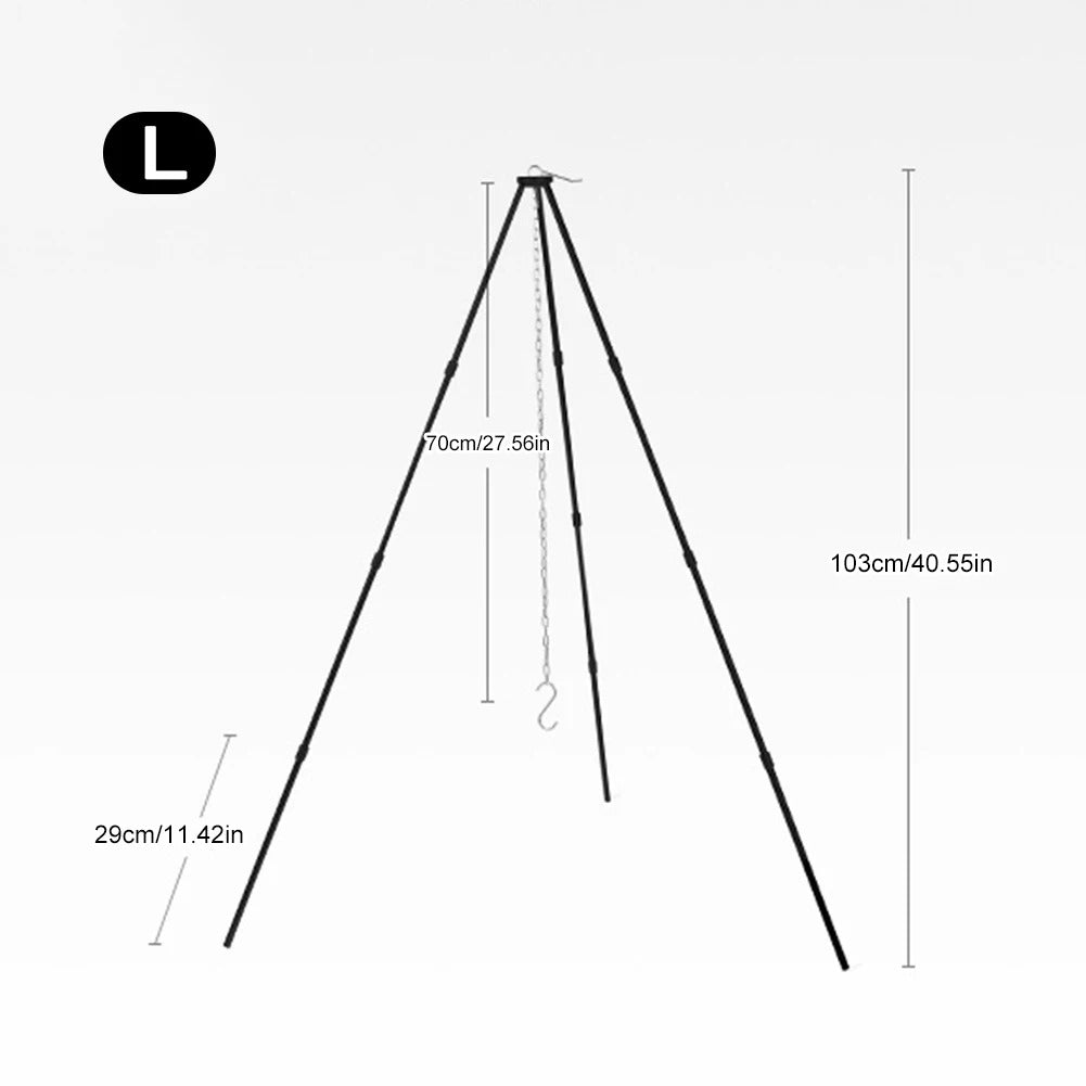 Adjustable black outdoor tripod cookware stand for camping and outdoor cooking