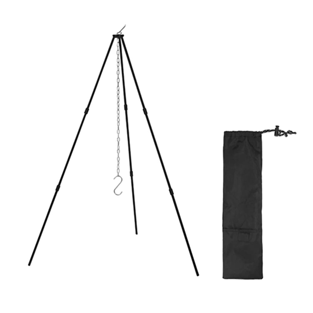 Durable outdoor tripod cookware stand with adjustable height and carrying bag for camping and outdoor cooking