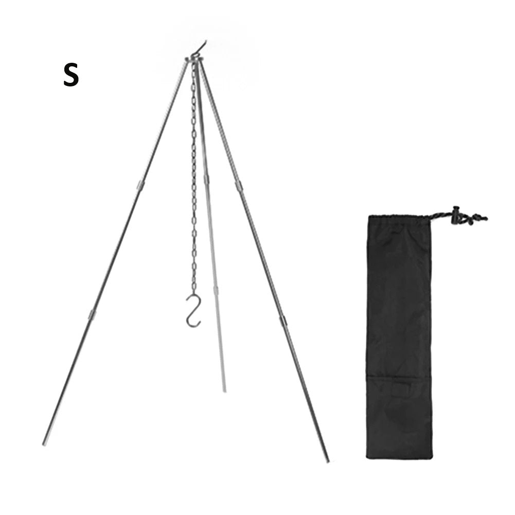 Portable outdoor tripod cookware stand with adjustable hooks and carrying bag for camping