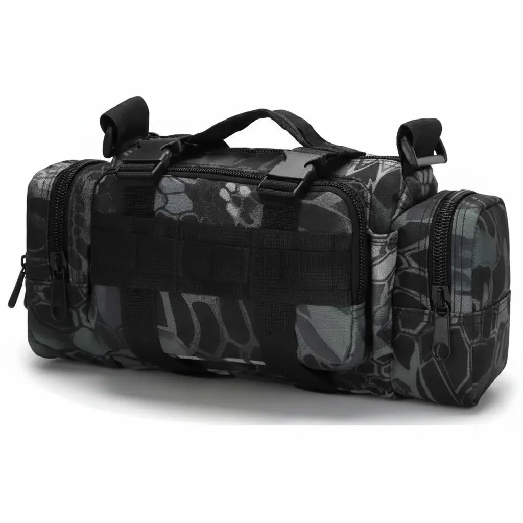 Military outdoor utility bag in black camo for versatile storage and transport