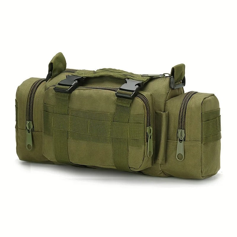 Military green outdoor utility bag with multiple pockets for versatile storage