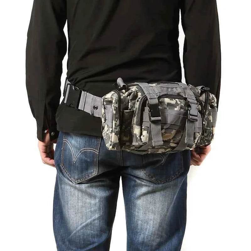 Military camouflage outdoor utility bag with adjustable waist straps for hiking
