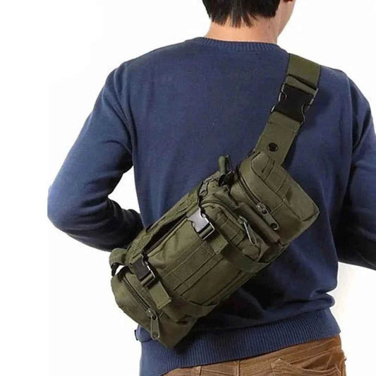 Military green outdoor utility bag with multiple pockets for versatile use