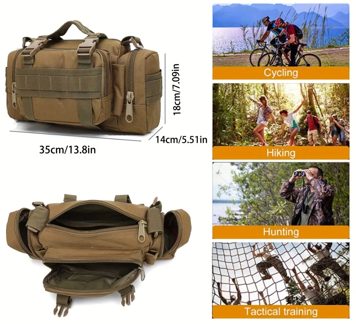 Tan outdoor utility bag for hiking, hunting, and cycling