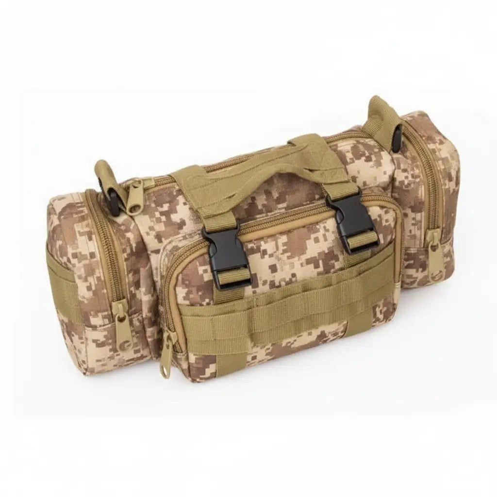 Tan camo outdoor utility bag with multiple compartments and durable design