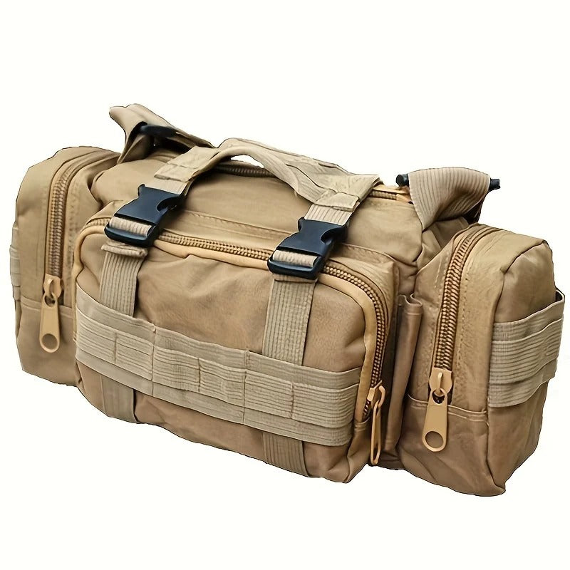Tan outdoor utility bag with multiple pockets for versatile storage