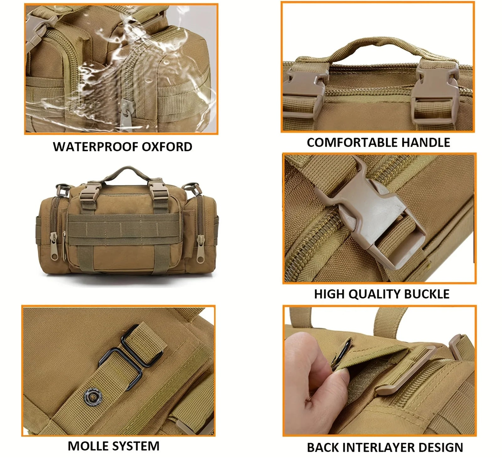 Military Outdoors Tan Outdoor Utility Bag with Waterproof Oxford Material and Molle System