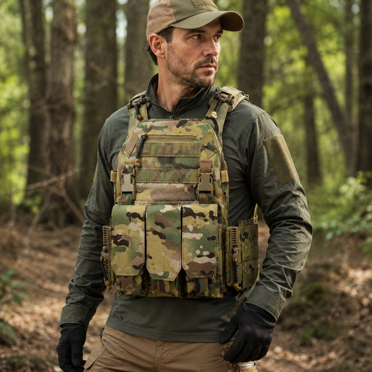 Outdoor utility vest made from 1000D nylon with triple front pouch panel