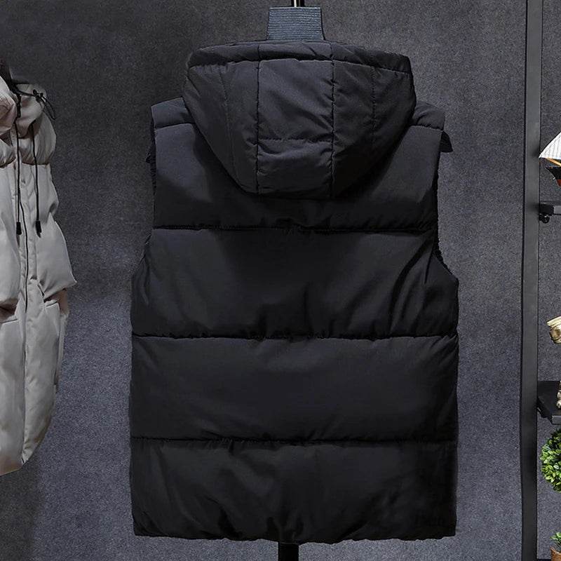 Black outdoor vest with hood for warmth and versatility