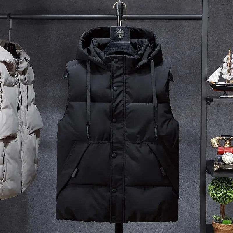 Black outdoor vest with hood, perfect for cold weather activities