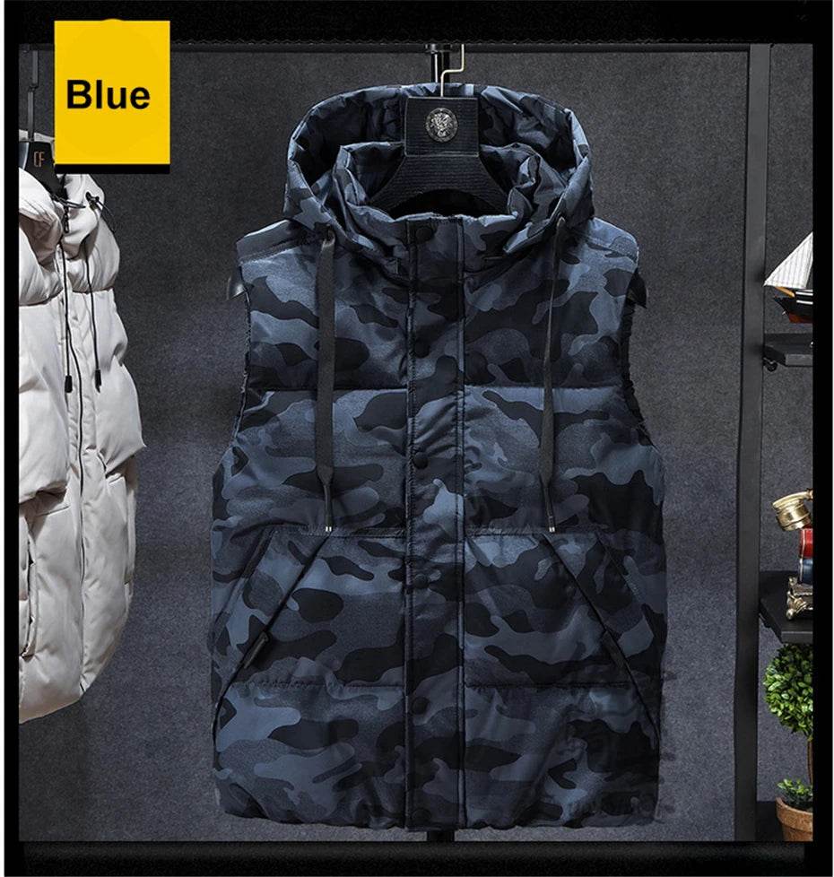 Blue camouflage outdoor vest with a hood for rugged outdoor activities
