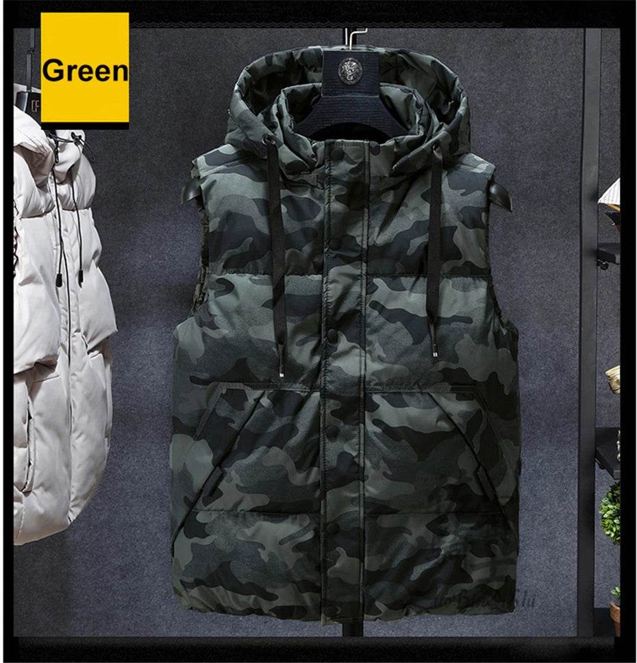 Green camouflage outdoor vest with a hood for versatile layering