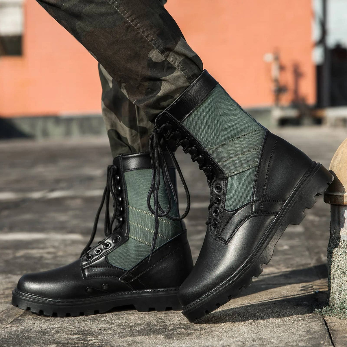 Military-Outdoors tactical boots in black and green, water-resistant outdoor boots