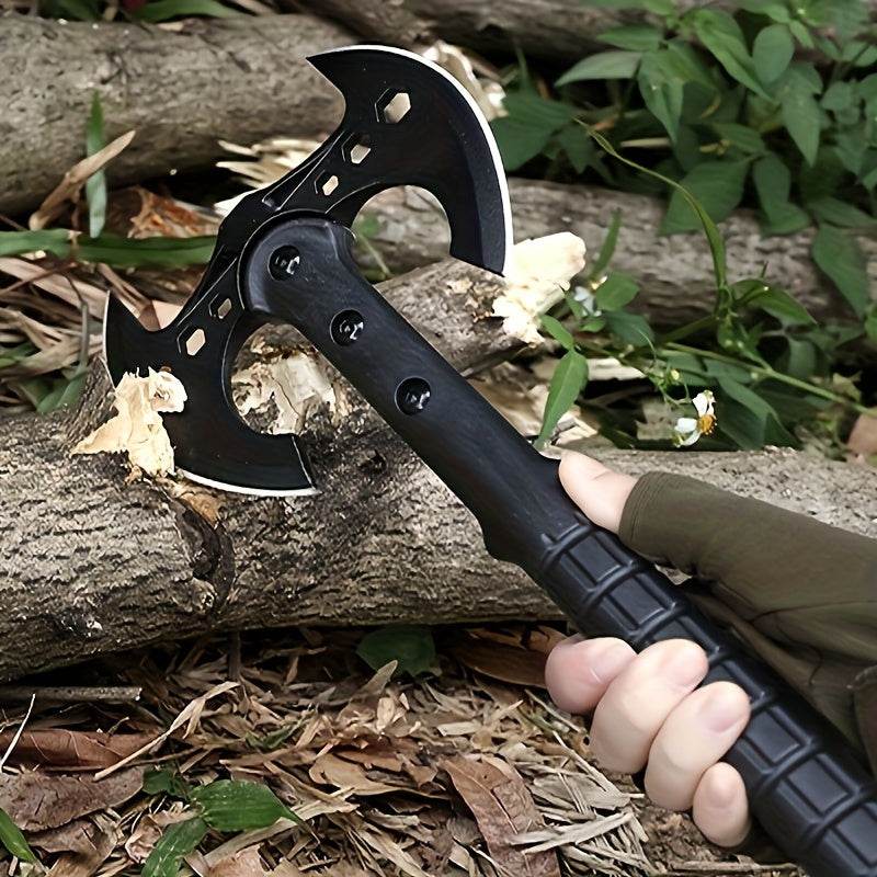 Camping double-headed axe featuring a durable grip and sharp blades for efficient wood cutting