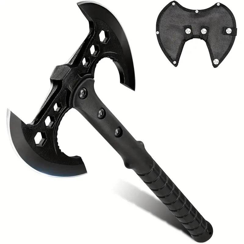 Camping double-headed axe with a durable handle and protective sheath for outdoor use