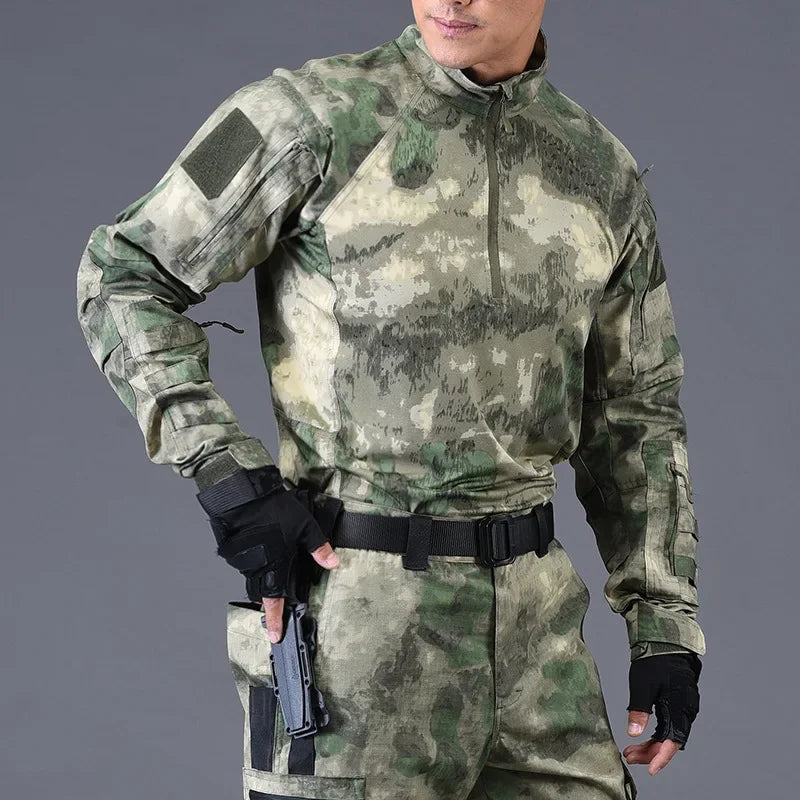 Person wearing a camouflage military uniform with a gray background