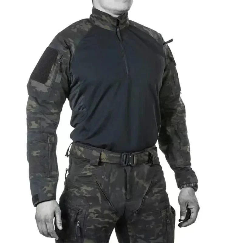 Person wearing a black and camouflage tactical outfit on a white background